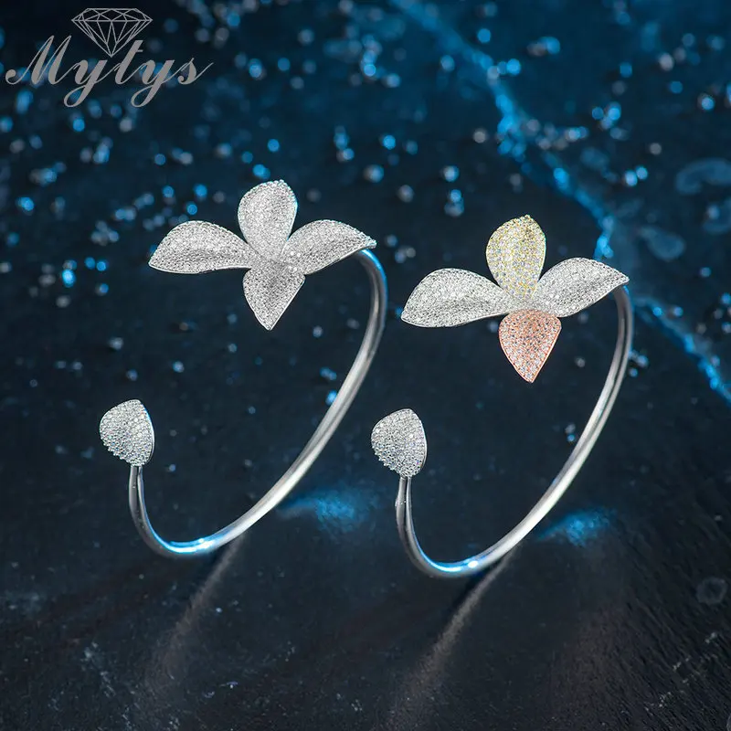 

Mytys Luxury Flower Leaf AAA Cubic Zircon Open Cuff Bangles for Women Adjustable Size Flower Charm Bracelets Bangles B1137 B1138