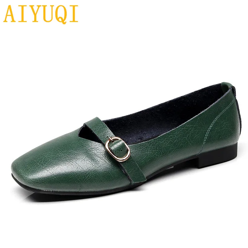 AIYUQI Женская обувь на плоской подошве, новинка года, Весенняя женская повседневная обувь из натуральной кожи, большие размеры 35-43, удобная женская обувь для мам - Цвет: green