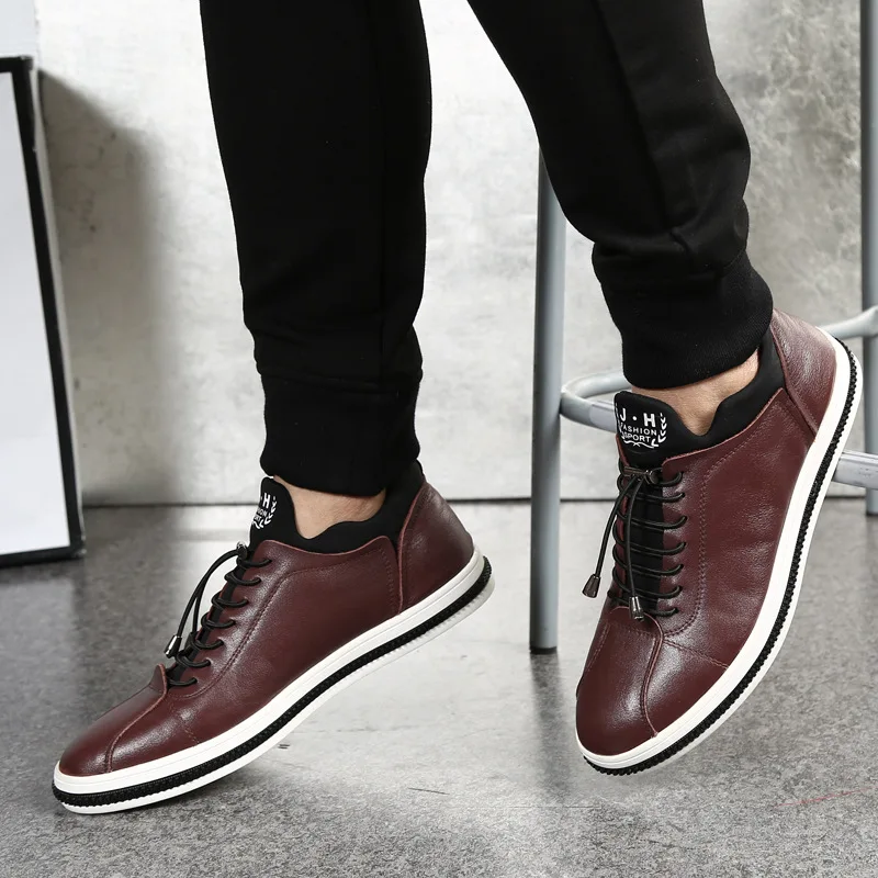 New fashion men genuine leather shoes cow leather shoes trend leisure men casual shoes lace up point toe thick bottom shoes