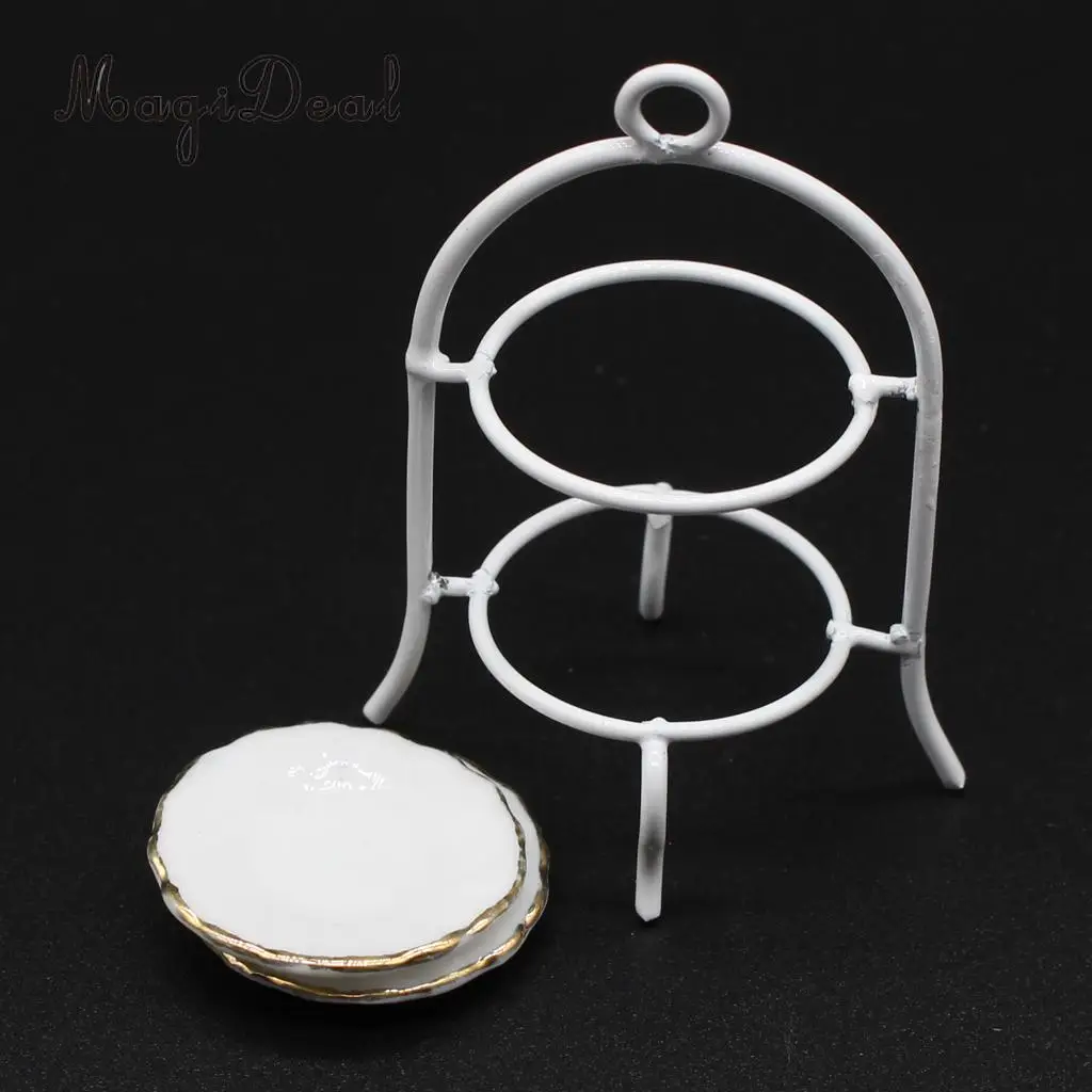 3pcs Miniature Metal Cake Stand Ceramic Dish Set Tableware for 1/12 Dolls House Kitchen Life Scenes Decoration