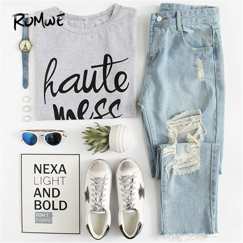 ROMWE Extreme Distressed Cropped Jeans Women Blue Cut Out Skinny Denim Pants Autumn Mid Waist Sexy Button Fly Casual Jeans