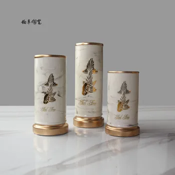 

Vase three-piece ink painting gold luxury decoration hotel living room decoration embossed goldfish crafts home decoration
