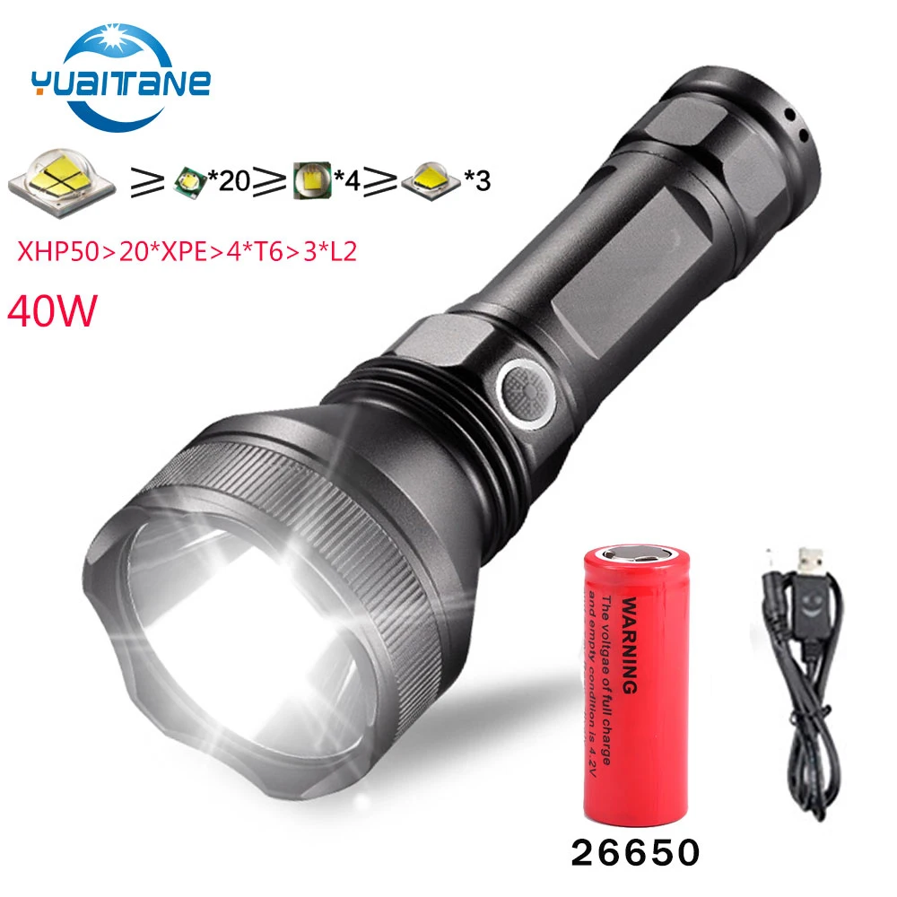 Светодиодный вспышка светильник XHP50.2 XHP70 40 Вт зарядка через usb вспышка светильник s тактический светодиодный фонарь Перезаряжаемые флэш-светильник, 18650 26650 батарея