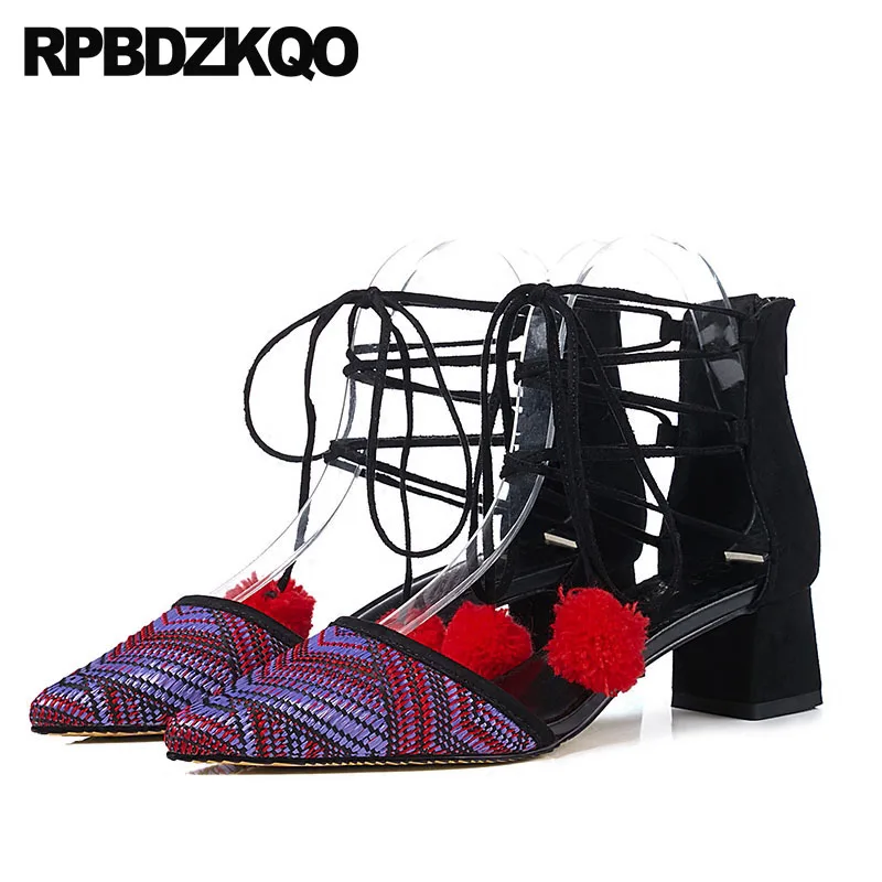 

Designer Brand Shoes Women Multi Colored Folk Pom Poms Pointed Toe Lace Up Runway Suede Retro Strappy Medium Heels Thick Vintage
