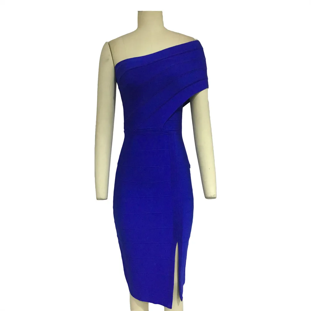 

Elegat blue one shoulder dress side split bodycon dress evening party prom wear midi dress