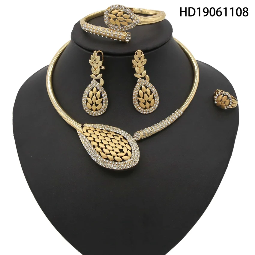 

Yulaili Fashion Copper Alloy Leaf Shape Necklace Pendant Earrings Ring Sets For Women Elegant Wedding Party Jewelry Sets Gift