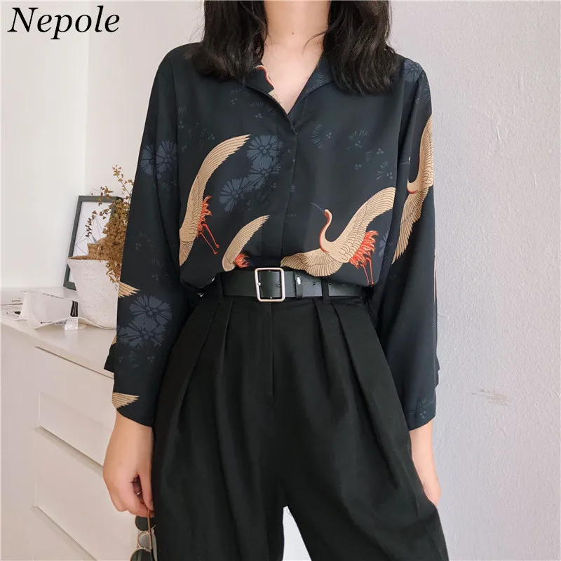 

Neploe Crane Print Fashion Women Blusa 2019 Spring Autumn Chinese Style Casual Loose Shirt Single Breasted Vintage Blouse 69428
