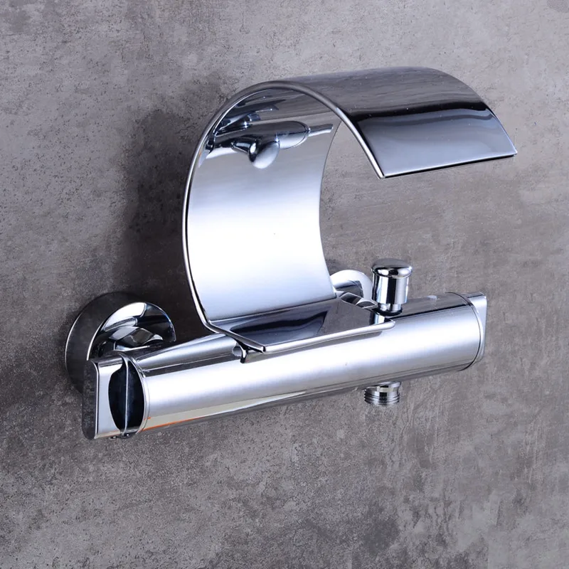 

On sale Wall Mounted Waterfall Bathroom Faucet Chrome Brass Spout Vanity Sink Mixer Tap two holes Polished Chrome shower faucet