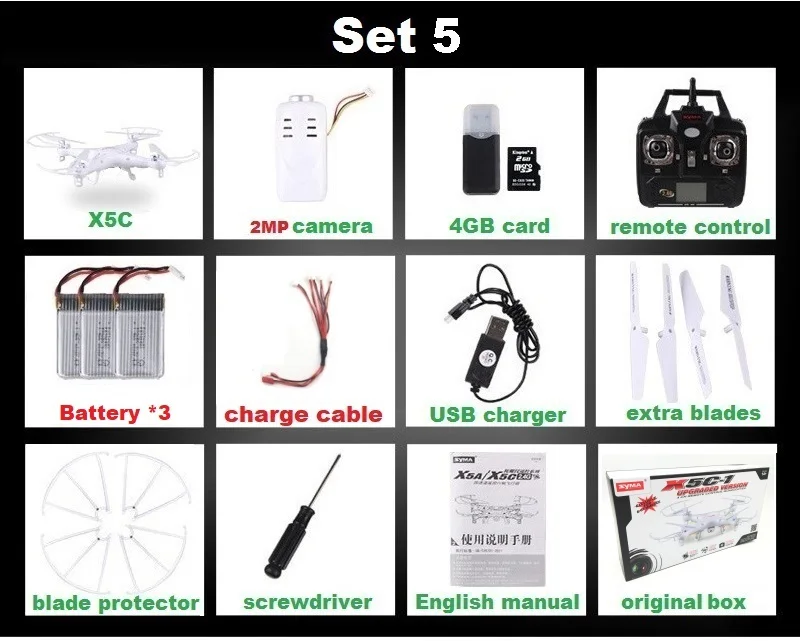 SYMA X5C(обновленная версия) RC дрон, контролирующийся в 6 осях, с пультом дистанционного управления, вертолет мультикоптер с 2-мегапиксельной HD камерой или X5 без камеры - Цвет: Set5 X5C 2MP 3B B