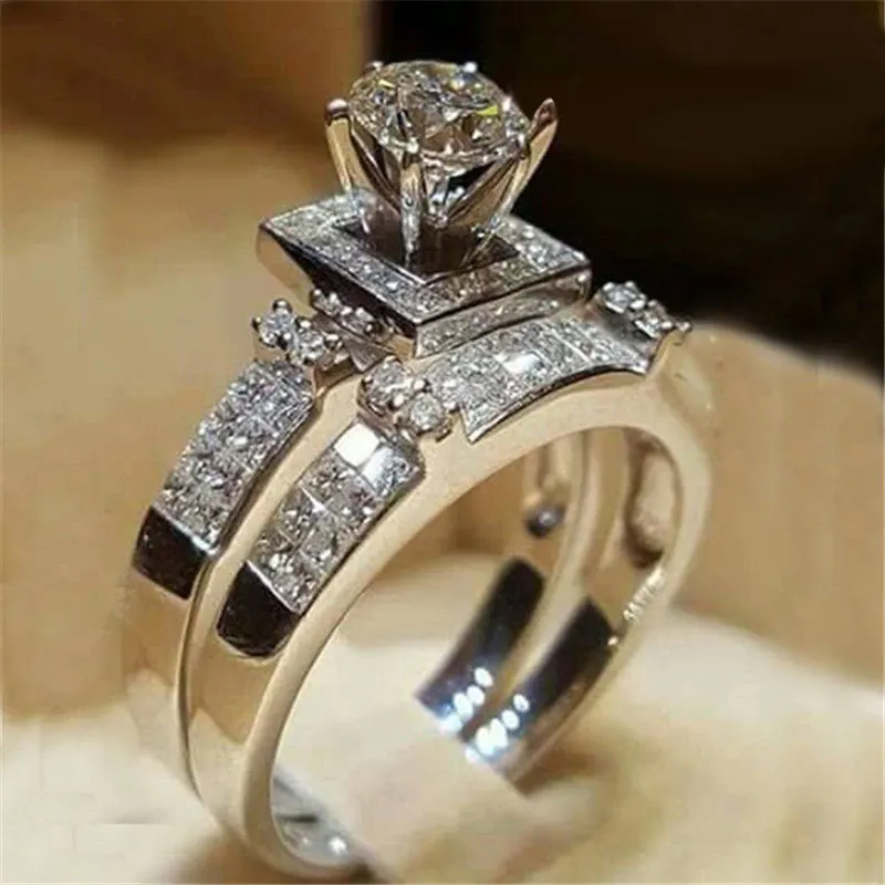 

Valentine's Day Elegant Zircon Ring Jewelry Silver Color Engagement Wedding Ring Set for Women Party WeddingGift