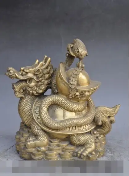 

S00382 11"chinese fengshui brass ruyi money coin ingot dragon turtle snake lucky statue B0403