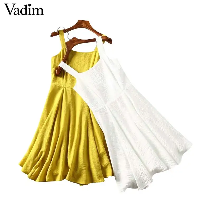 

Vadim women stylish solid spaghetti straps midi dress sleeveless backless A line dresses side zipper fly mid calf vestidos QB618