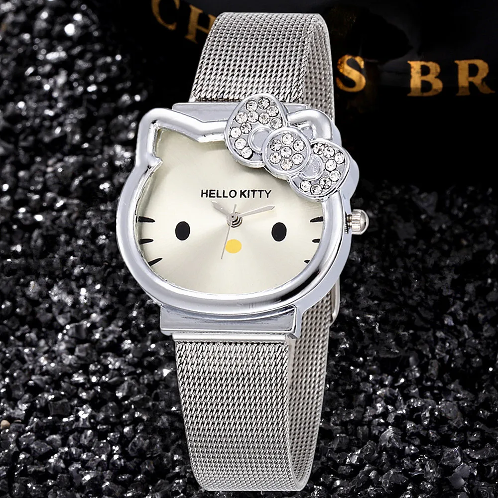 SLIVER CUTE FASHION STAINLESS STEEL BANGLE WOMEN CLOCK CUTE HELLO KITTY FASHION WATCH ENFANT SAATS