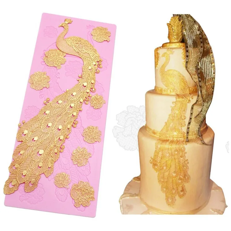 

MX073 Large size Peacock Lace Mat Silicone Mold Sugar Lace Pad Cake Brim Decoration Mold Kitchenware DIY Tool