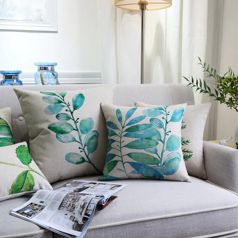 

Decorative throw pillow cover case green blue plant cotton linen cushion cover for sofa home decor capa de almofadas 45x45cm