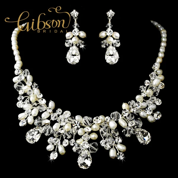 

Free Shipping Gorgeous Silver Clear Crystal & Ivory Pearl Necklace & Earring Set Bridal Jewellery Set Party Favors