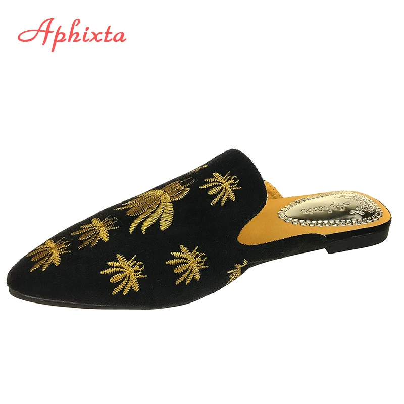 Aphixta/Женская обувь; модные тапочки в виде паука с мелкой вышивкой на низком каблуке; сезон осень; Уличная обувь с острым носком и цветочным узором; Цвет Черный