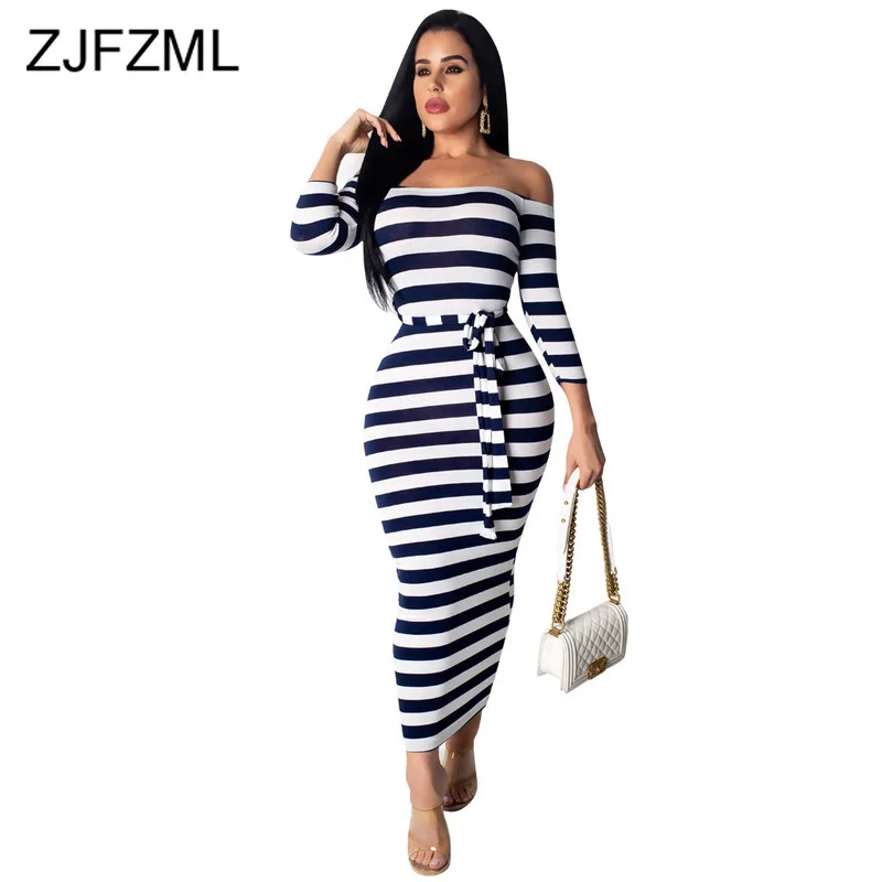

Navy White Striped Sexy Bandage Dress Women Slash Neck 3/4 Sleeve Party Club Dress Summer Off The Shoulder Backless Sashes Dress