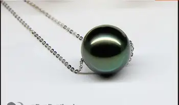 

free shipping stunning round south sea13-14mm black green pearl necklace 14k