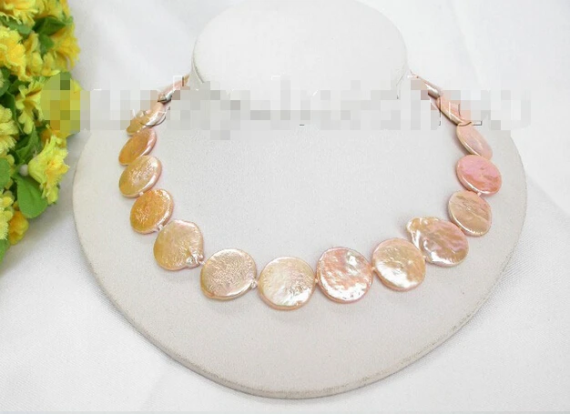 

Free shipping >>>>>>AAA 17" 20mm coin fastener wafer pink pearl necklace