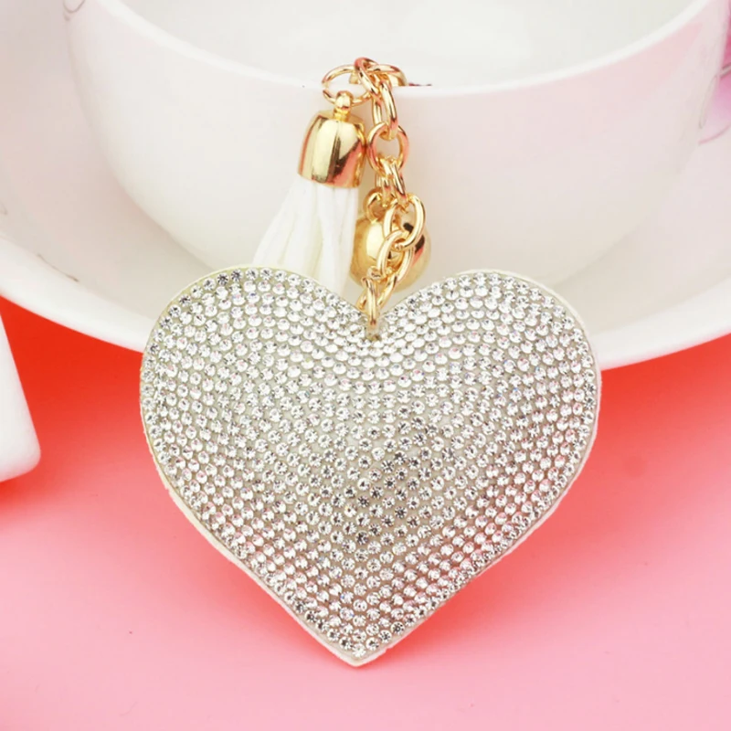 Love Heart Shape Crystal Rhinestone Tassel Keychain Key Ring Chain Pedant Decor