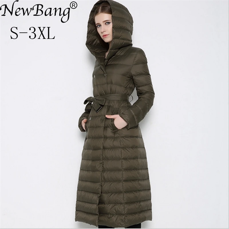 NewBnag брендовая Длинная женская куртка-пуховик на утином пуху, зимнее пальто для женщин, перо, теплая тонкая ветровка, женская верхняя одежда с капюшоном
