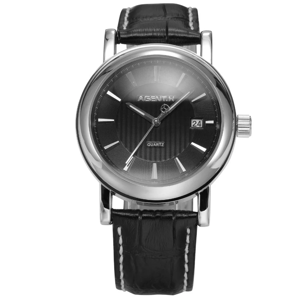 

AGENTX Brand Day Black Dial Silver Stainless Steel Case Leather Strap Men Quartz Wristwatch Male Clock Dress Watch / AGX020