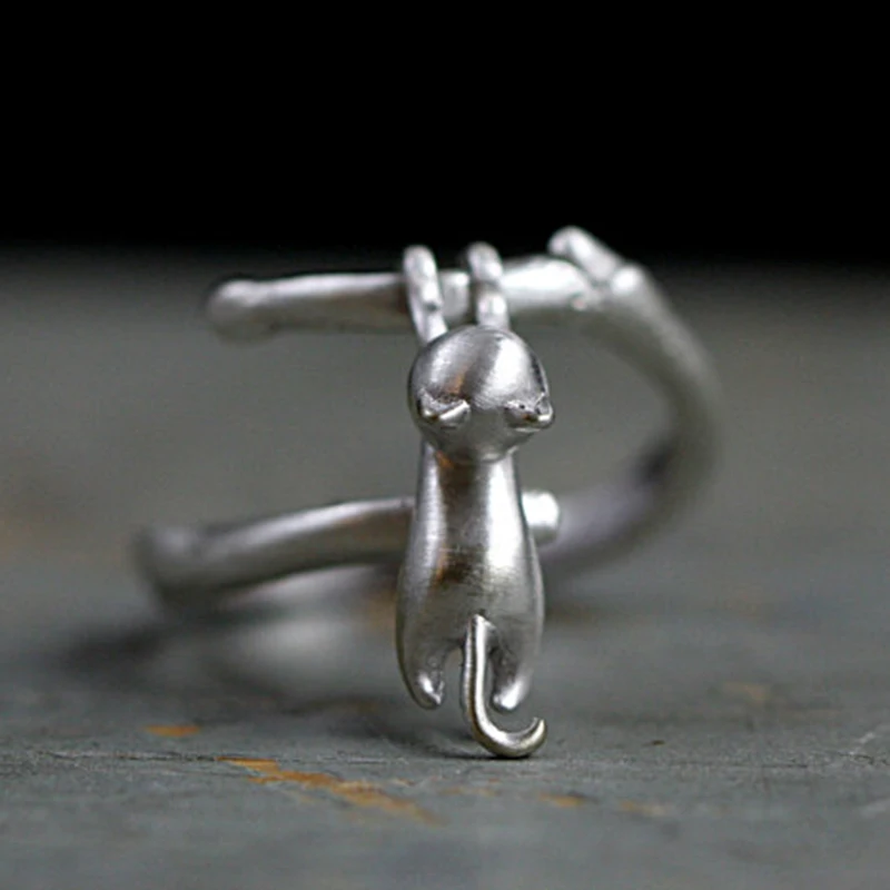 

Cute Cat Climbing Branch Ring Cute Kitten Cat Silver Color Opening Adjustable Ring Trendy Finger Animal Open Rings Z3MX711