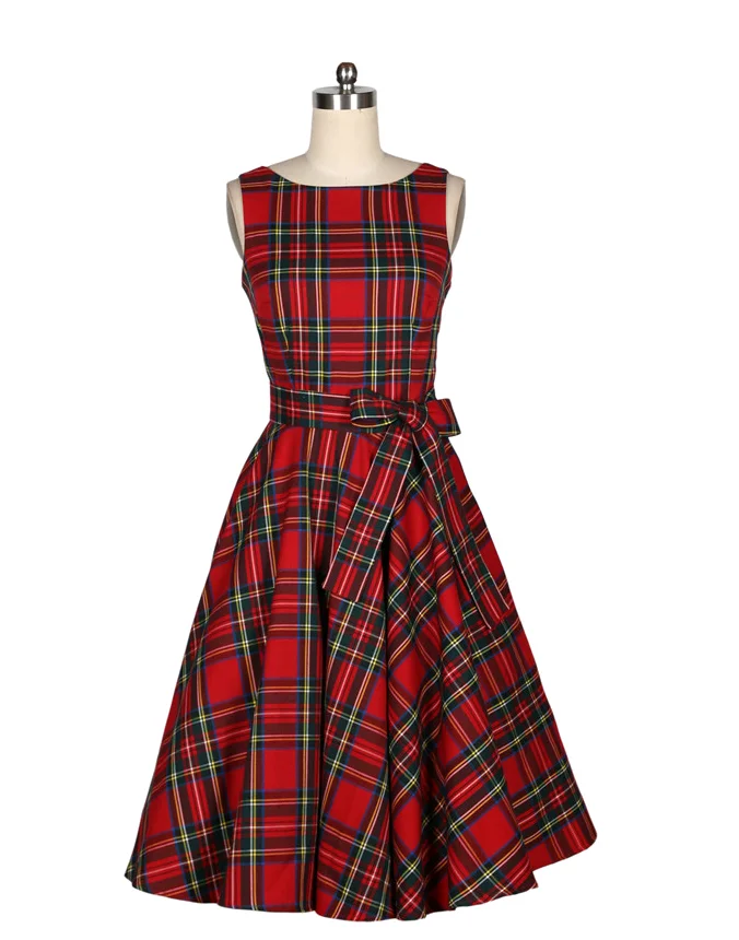 

Red Plaid Retro Vintage Dress Elegant Vintage Rockabilly 50s Dress Women hepburn Summer O-neck Sleeveless Slim Midi Vestido -N