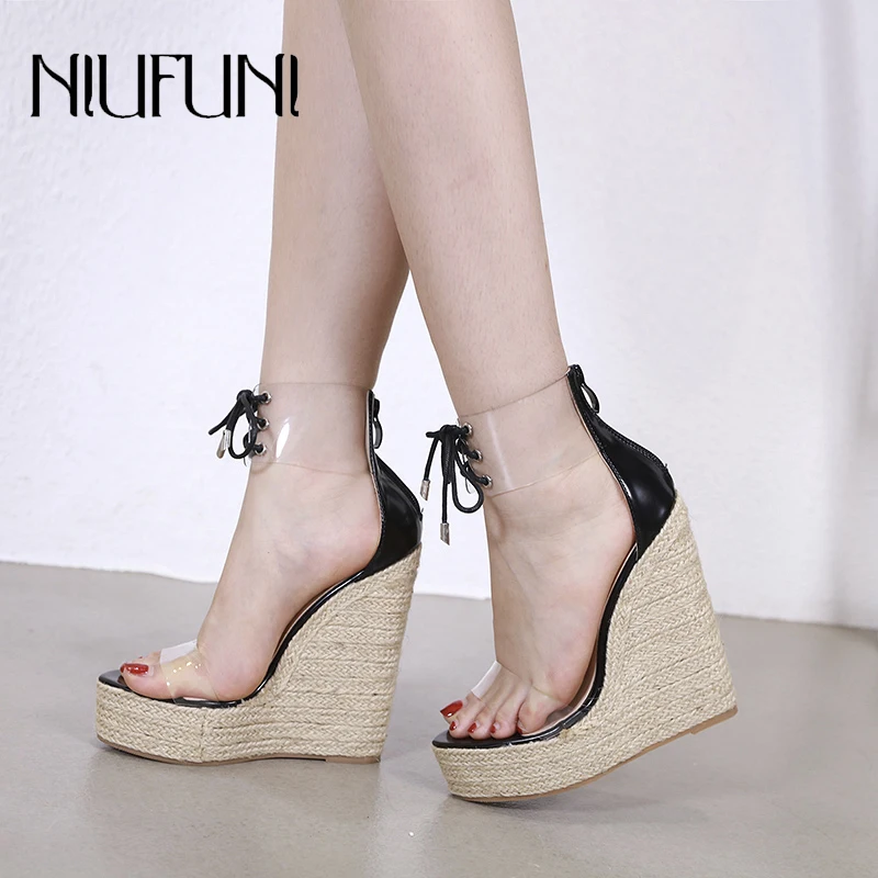 

NIUFUNI Ladies Sandals Transparent Ankle Strap Waterproof Platform Women Shoes Summer High Heels Solid Color Wedges Shoes 2019