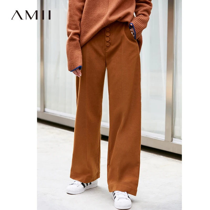 Amii минималистичные прямые брюки для женщин, Осень-зима, офисные одноцветные пуговицы, высокая талия, элегантные брюки карго для женщин