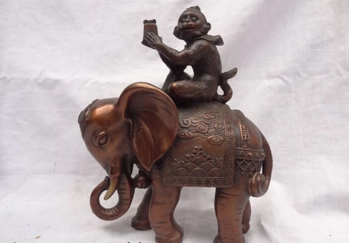

S2717 9" Chinese Red Pure Bronze Sculpture Monkey Stamp Ride JiXiang Elephant Statue D0318