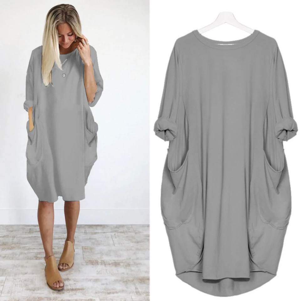 Günstige Fledermaus Ärmel Kleid Plus Größe Xl 5xl Sukienka Solide Kleid Midi Elegante Sommer Party Kleider Mit Taschen Für Frauen Robe femme 2019