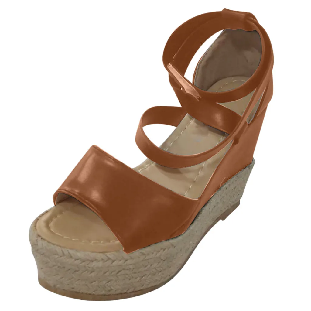 SAGACE/ г. Модная женская обувь в стиле ретро, на шнуровке, с перекрестными ремешками, на танкетке, на толстой подошве, в римском стиле, однотонная обувь Большие размеры 35-43, сандалии J15 - Цвет: Brown