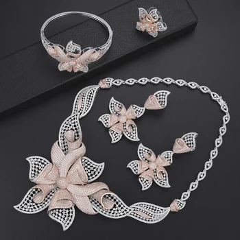 

Luxury Flower Indian Dubai wedding jewelry Necklace Earrings Sets Bangle Ring Jewelry Set For Women bridal jewelry sets