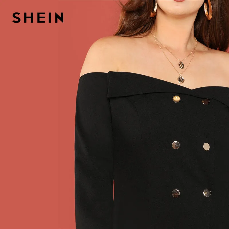 SHEIN черная Сексуальная Блузка с открытыми плечами, длинным рукавом и пуговицами размера плюс, женская блузка, модная облегающая блузка с вырезом лодочкой