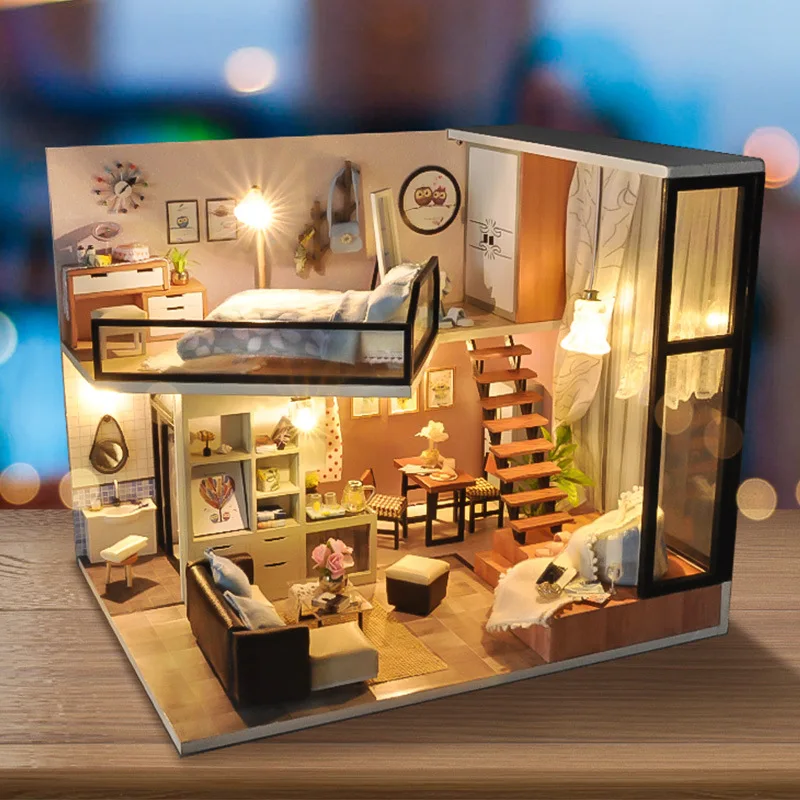 مجموعة جديدة diy بيت الدمية الخشبية miniatura دمية أثاث المنازل عدة ديي لغز تجميع لعبة للأطفال هدية مع الضوء