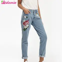 Новая мода 3D Вышивка джинсы-бойфренды Для женщин цветок джинсовые штаны женские Винтаж светло-голубой Для женщин s джинсы Прямые джинсы Femme