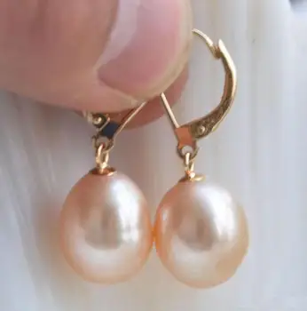 

free shipping A PAIR OF 10-12MM AUSTRALIAN SOUTH SEA PINK PEARL EARRING 14k/20 YELLOW GOLD