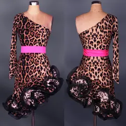 Костюмы для латиноамериканских танцев Танцевальный костюм старший сексуальная спандекс Leopard одного рукава латинские танцы платье для