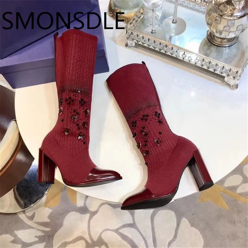 

SMONSDLE 2018 New Fashion Style Socks Boots Pointed Toe Chunky Heel Women Autumn Winter Boots String Beading Flower Shoes Woman