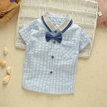 Для маленьких мальчиков галстук-бабочка, в полоску, рубашка Детские платья для детей; футболка с коротким рукавом Блузки для девочек детская одежда, костюм для выступлений