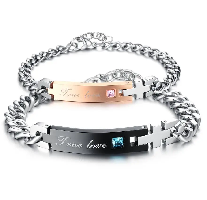 

stainless steel "True love' with crystal inlaid couple bracelet for lovers valentine's day gift