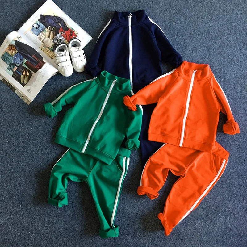 Спортивные костюмы для маленьких мальчиков и девочек г., зеленая и Оранжевая Куртка в полоску для детей от 2 до 8 лет+ штаны, комплект из 2 предметов, детская одежда, спортивные костюмы