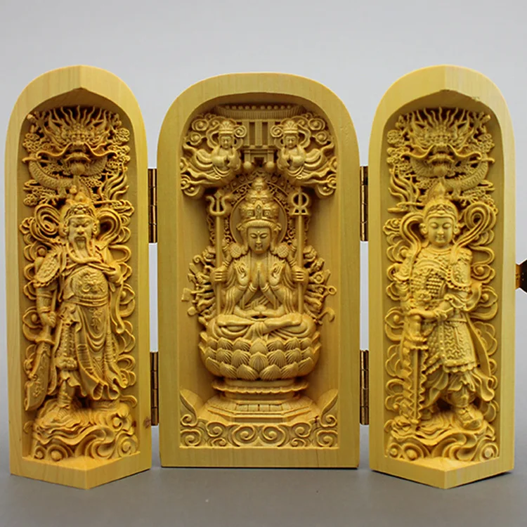 

Wood carvings Buddha statues of the West Saha three saint Guanyin off the public three open box wooden crafts Decoration