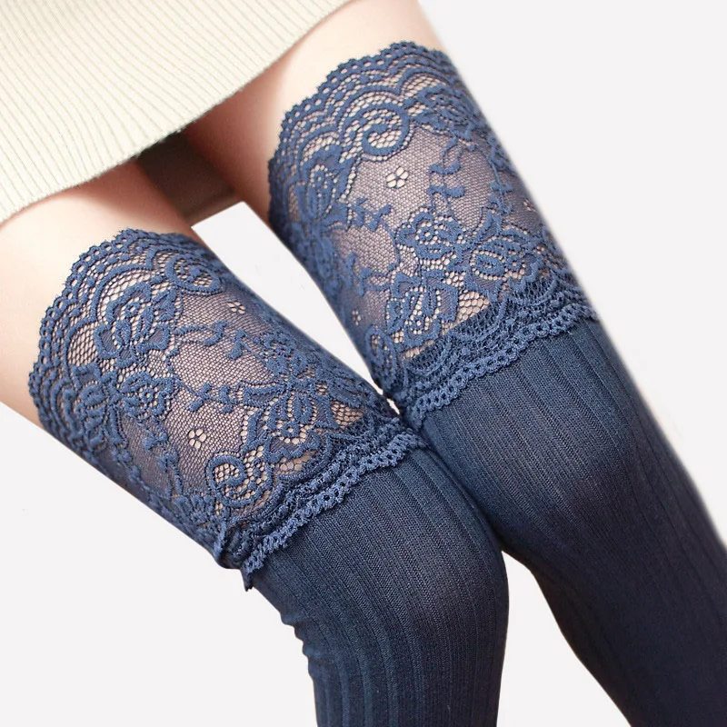 New Women Lace Stockings Sexy Knee socks Vertical stripe High Tube