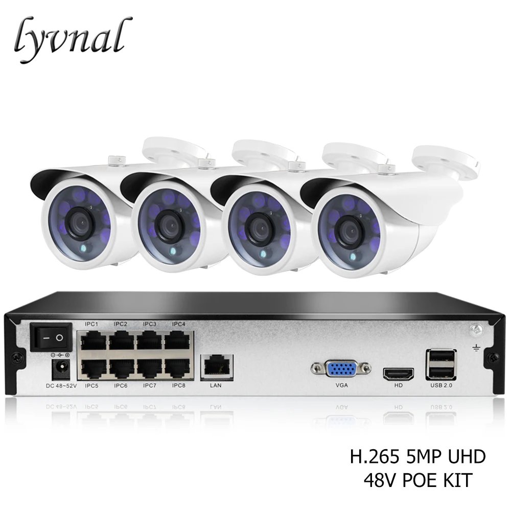 

LYVNAL H.265/264 5MP ip camera external POE Surveillance UHD 8ch poe NVR kit plug and play cctv Security cam poe 48v p2p onvif