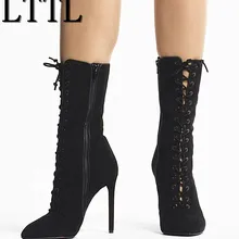 LTTL/женские замшевые ботильоны на шпильке со шнуровкой; черные пикантные полусапожки на высоком каблуке; обувь с острым носком; женcкая Брендовая обувь; Botas
