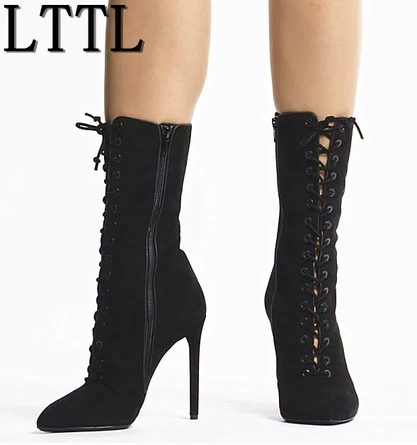 LTTL Women Suede Ankle Boots Lace Up 