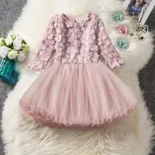 Кружевное платье принцессы с длинными рукавами для девочек бальное платье с цветами на крестины, Детские вечерние платья на свадьбу, осенние платья праздничная одежда